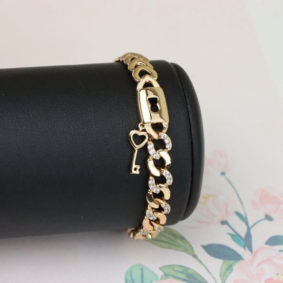 "Rose Gold Heart Lock Key Charm Bracelet with Sparkling Links, XPBL0914 - Picture 11 of 13